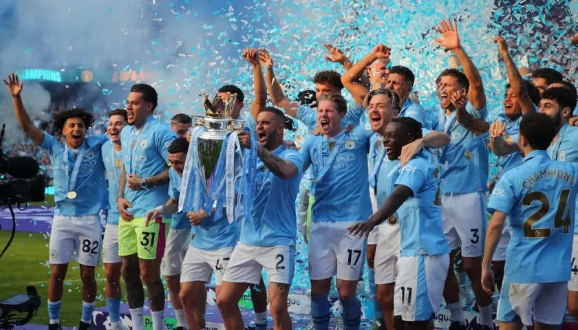 La celebración del título del Manchester City tras derrotar al West Ham. 