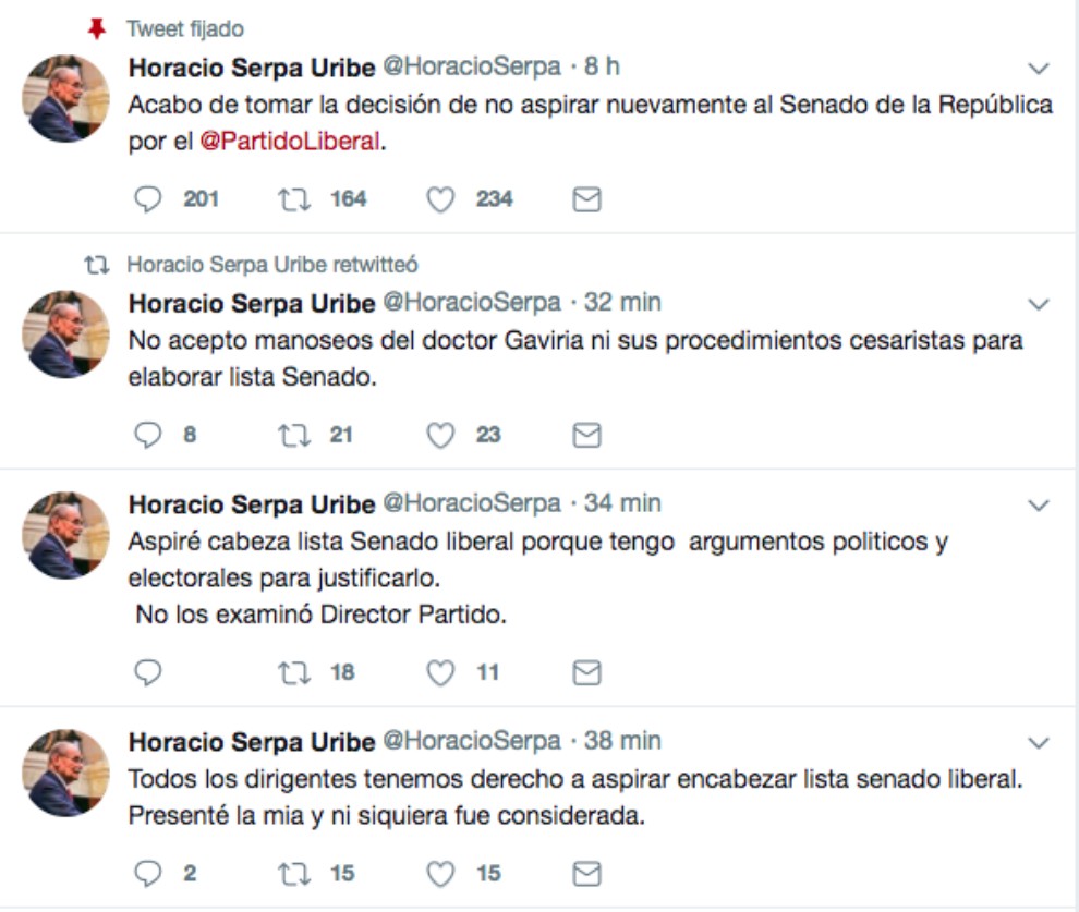 Así trinó el senador Horacio Serpa sobre el tema en Twitter.