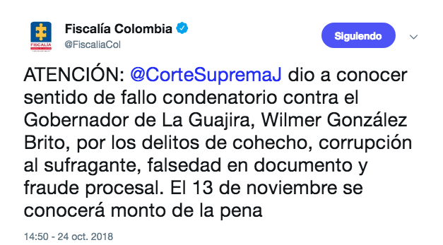 Tweet de la Fiscalía General de la Nación.