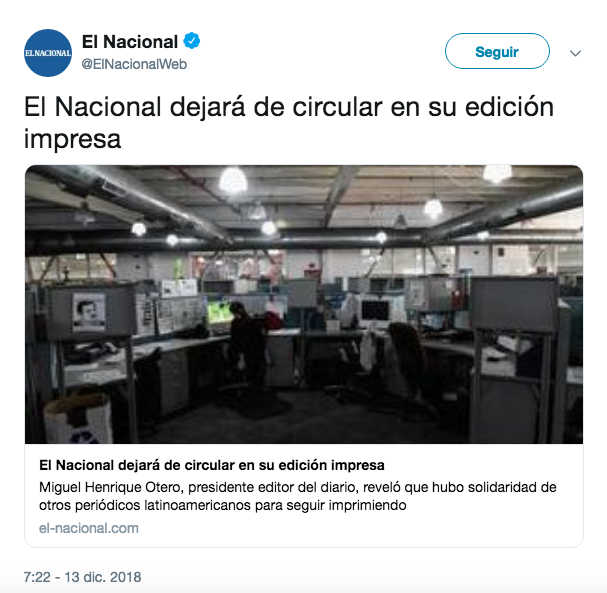 Así tuiteó El Nacional Web el adiós al medio impreso.