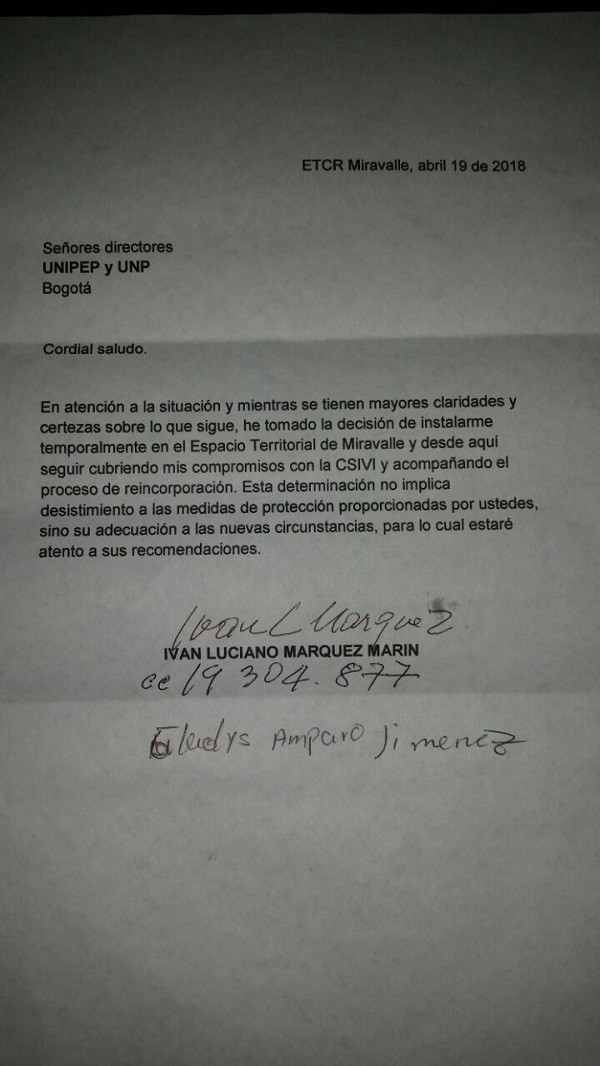 La carta que Iván Márquez le envió a las autoridades.