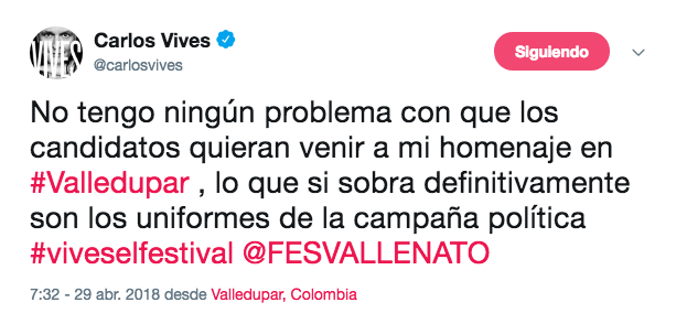 El trino de Carlos Vives en contra del proselitismo político.