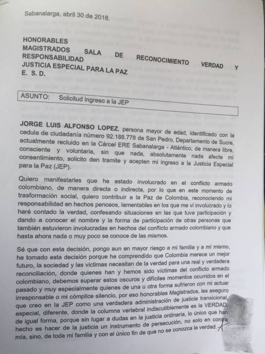 La carta que envió Jorge Luis Alfonso López a JEP.