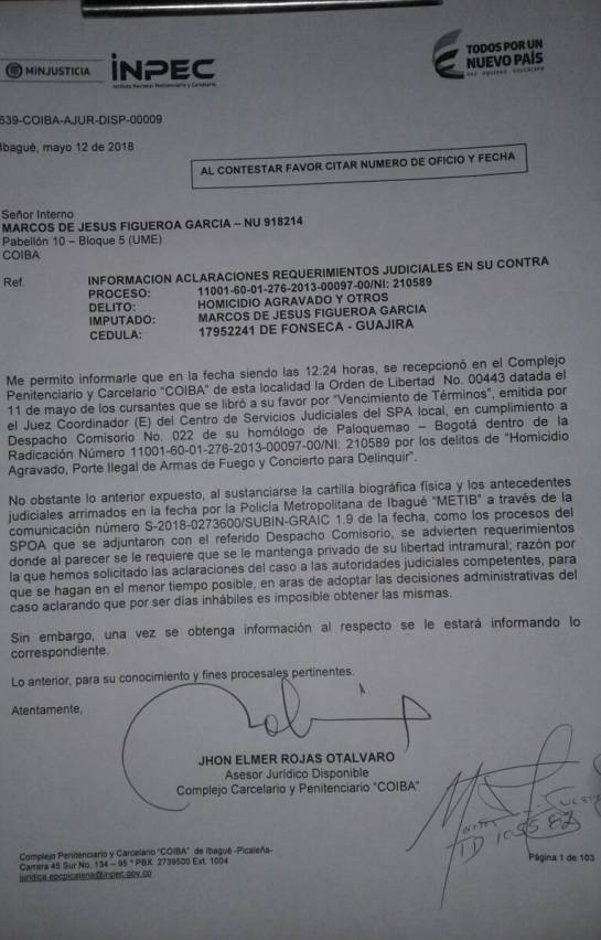 El documento que envió el Inpec a la cárcel Picaleña de Ibagué.