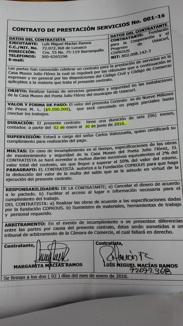 Contrato a nombre de Luis Miguel Macías por valor de 9 millones de pesos.
