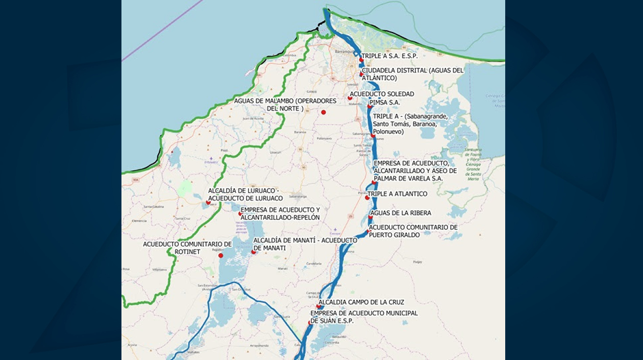 Localización aproximada de algunas captaciones o plantas de tratamientos de acueductos en Atlántico.