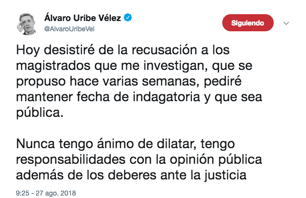 El tweet de Álvaro Uribe sobre su situación con los magistrados. 