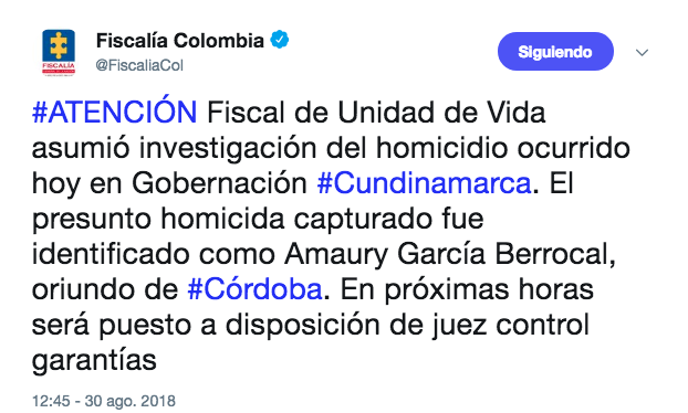 El tweet de la Fiscalía sobre el homicidio en la Gobernación de Cundinamarca.