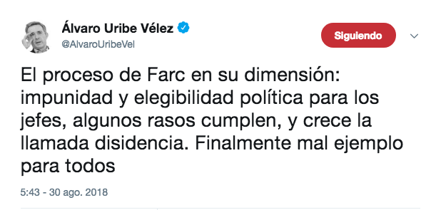 El trino del senador Álvaro Uribe Vélez este jueves. 