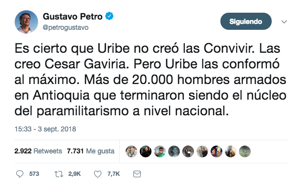 Trino de Gustavo Petro sobre el papel de Álvaro Uribe con las Convivir. 