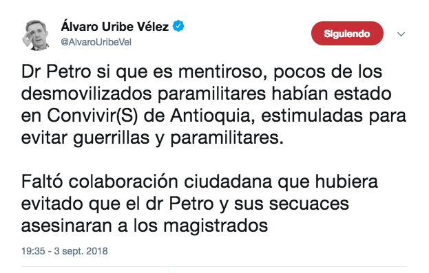 Tweet de Álvaro Uribe en contra de Gustavo Petro.