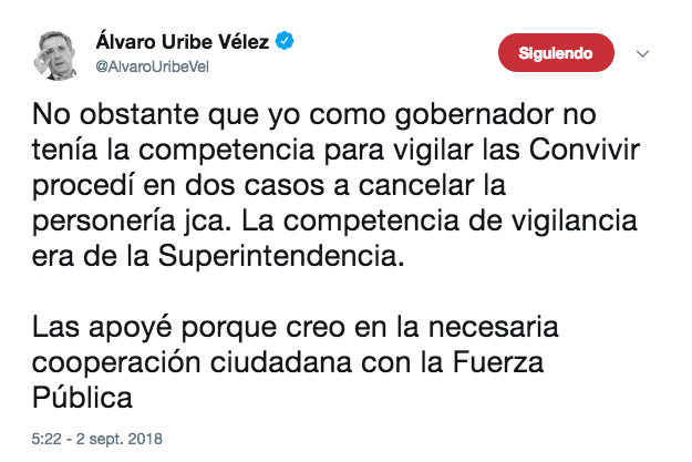 Trino de Álvaro Uribe sobre las Convivir.