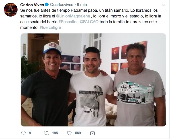 Las condolencias de Carlos Vives en las redes sociales.