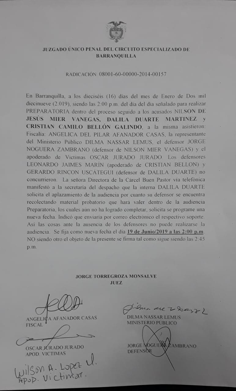 El acta de aplazamiento de la audiencia preparatoria del caso Estación San José. 