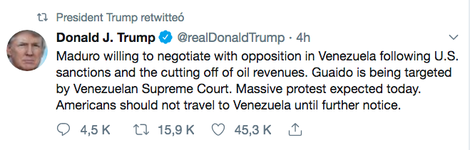 Tuit de Donald Trump sobre Venezuela.