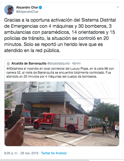 Este es el tuit del Alcalde Char sobre el incendio en Luxury.