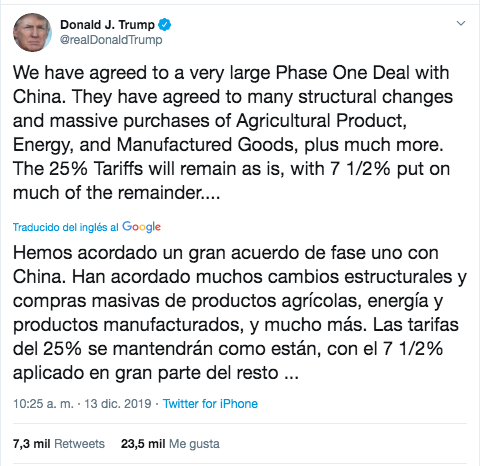Presidente de Estados Unidos, Donald Trump, escribió este tuit.