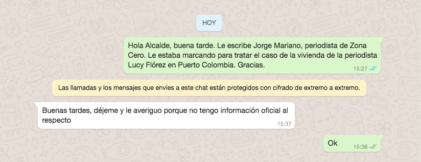Mensaje al Alcalde Steimer Mantilla y su respuesta por Whatsapp.