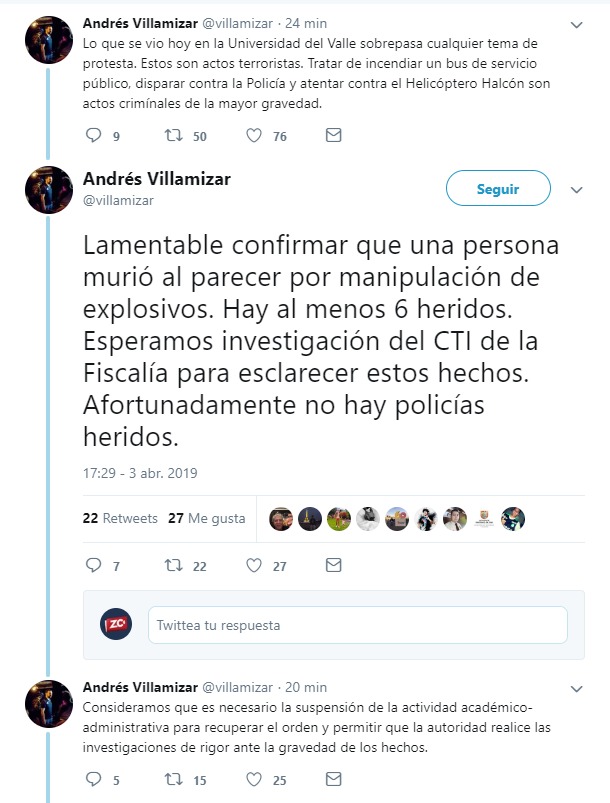 Secretario de Seguridad de Cal, a través del Twitter, indicando la situación ocurrida en la Universidad del Valle.