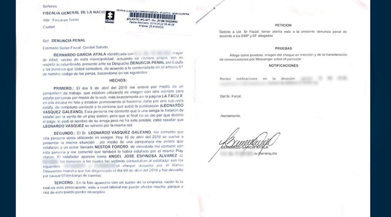 Copia de la denuncia que instauró Bernardo en la Fiscalía por la utilización de su foto para estafar a las personas.