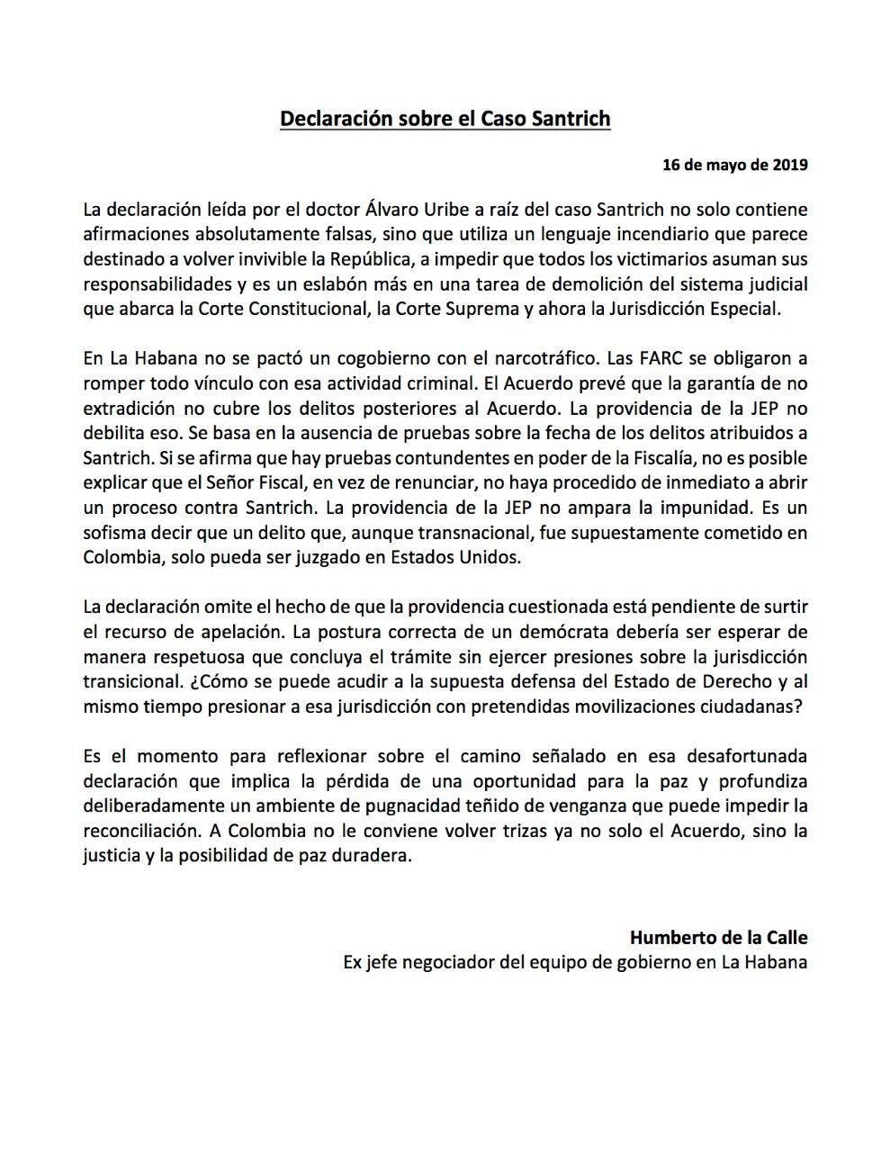 Declaración de Humberto De la Calle sobre el caso Santrich.