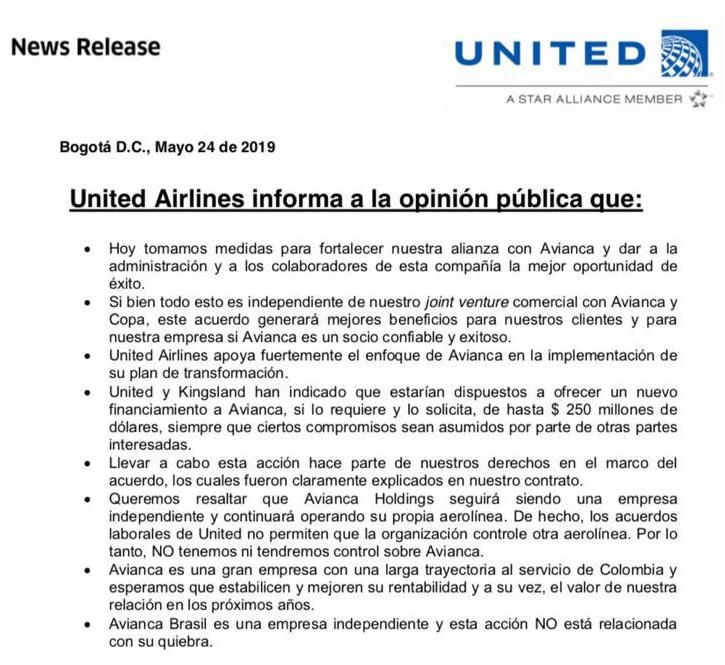 Comunicado de la empresa United Airlines.