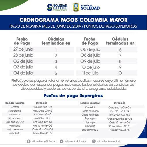 Cronograma de pago a Adultos Mayores en Soledad.