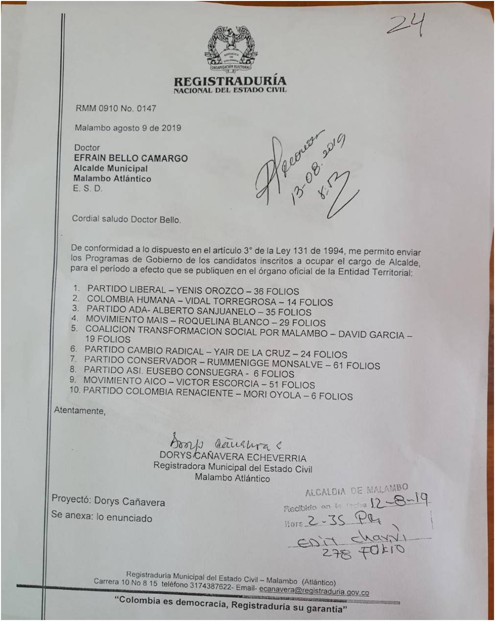  Oficio de la Registraduría remitiéndo los planes de gobierno de los diferentes candidatos para que los publicaran en la web de la Alcaldía.