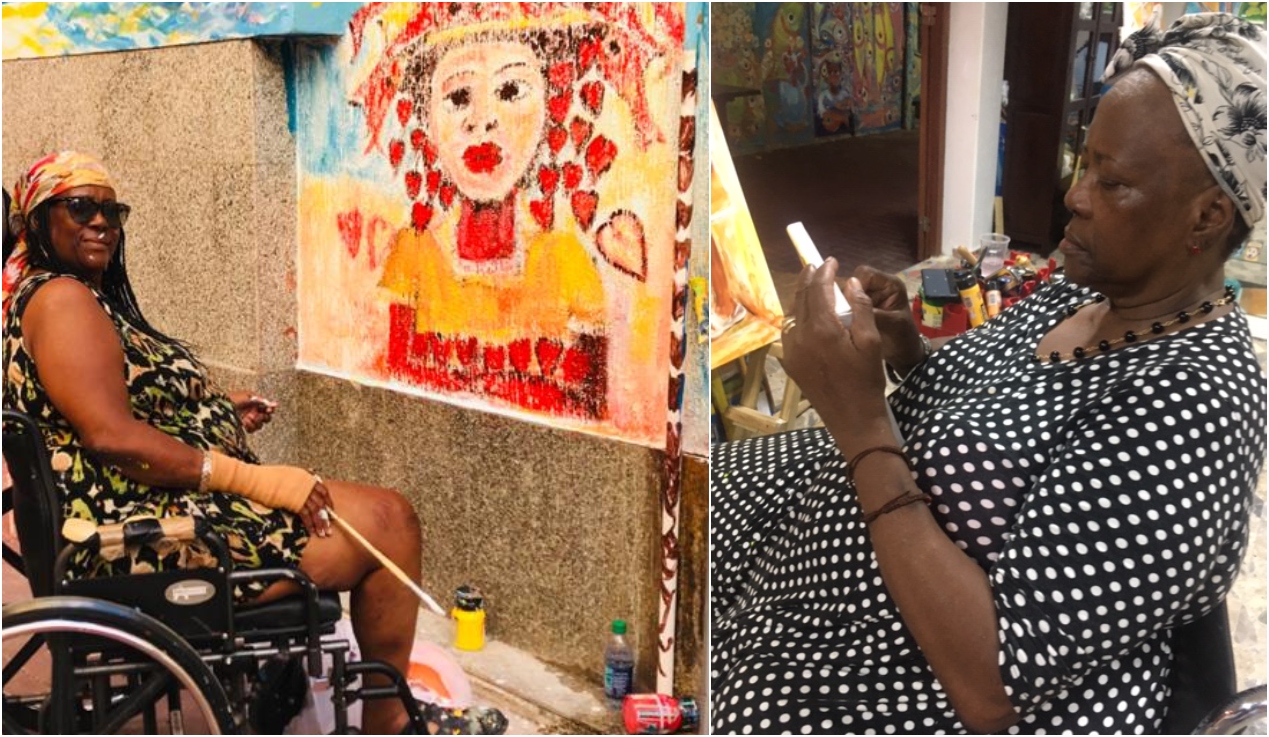 Jean Girigori en uno de los murales y en su taller. La artista perdió la pierna hace 8 años y está en silla de ruedas.