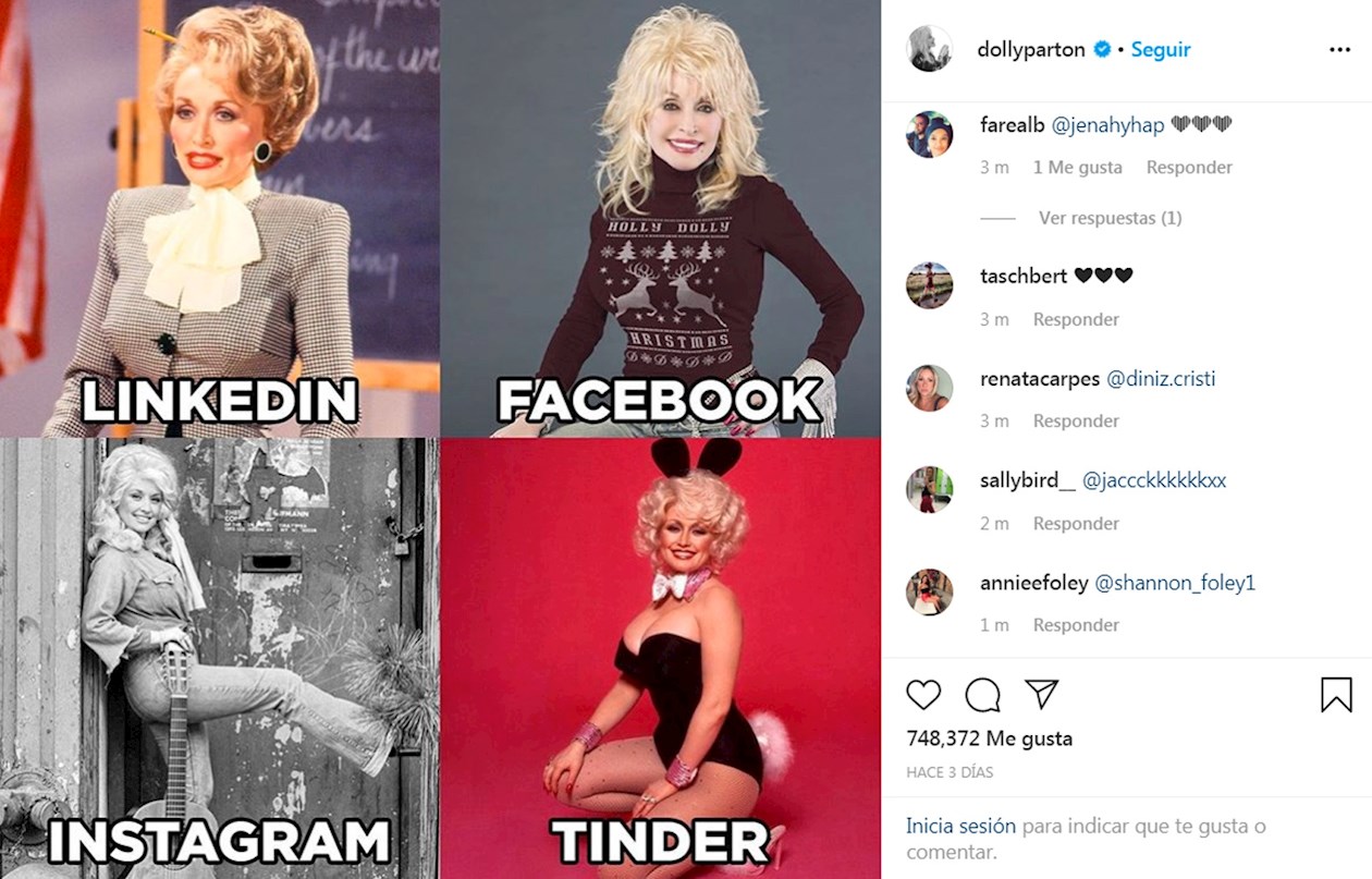 Publicación hecha desde la cuenta oficial en Instagram de la cantante estadounidense Dolly Parton, en la que muestra un mosaico de fotos para diferentes redes sociales. Internet se está volviendo loco con el meme que ha revolucionado las redes. Y la causante es la cantante estadounidense Dolly Parton, quien publicó un combo de sus poses en situaciones de LinkedIn, Facebook, Instagram y Tinder. 