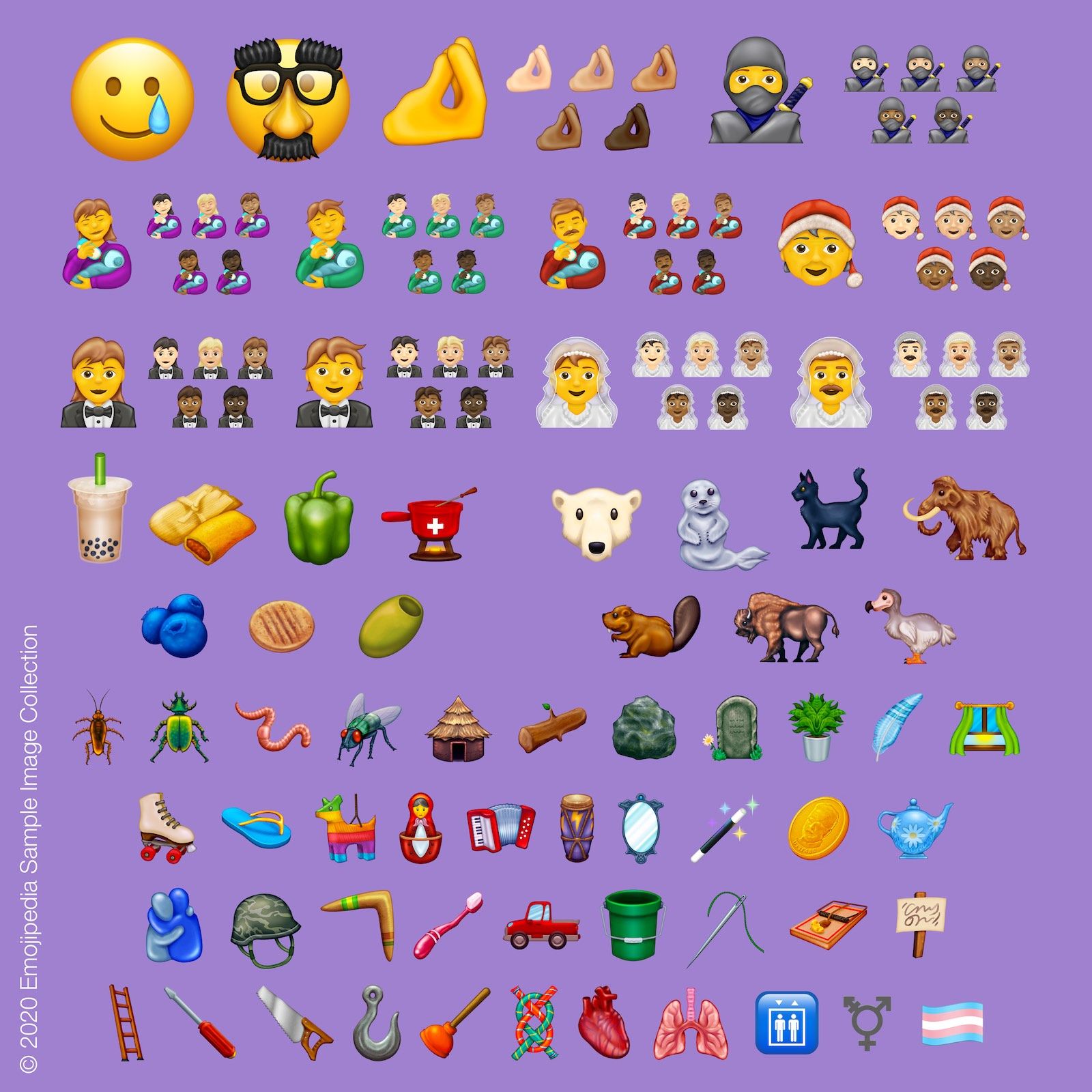 Imágenes originales de Emojipedia que muestran cómo pueden verse los nuevos emojis.