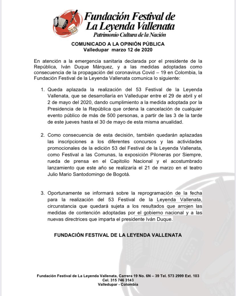 Comunicado oficial Fundación Festival de la Leyenda Vallenata.