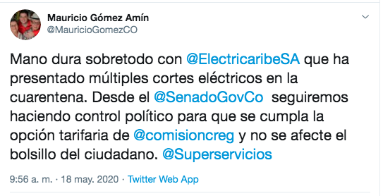 Twitter de Mauricio Gómez Amín sobre Electricaribe.