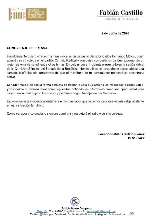 El comunicado del Senador fabián Castillo Suárez.