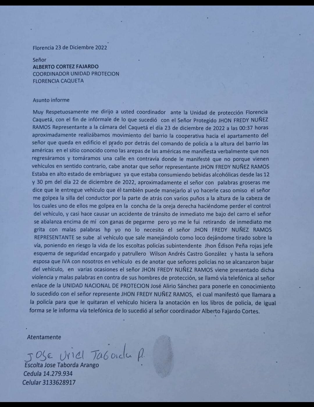 La denuncia del escolta José Taborda Arango.