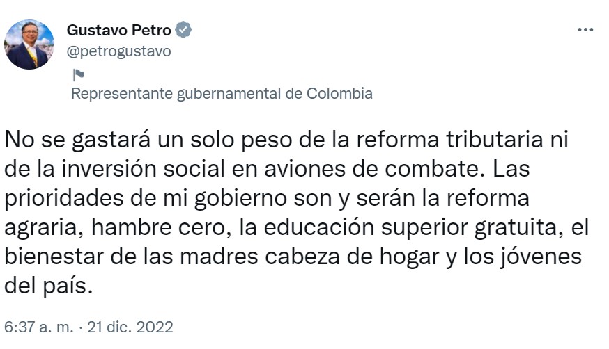 Tweet de Gustavo Petro