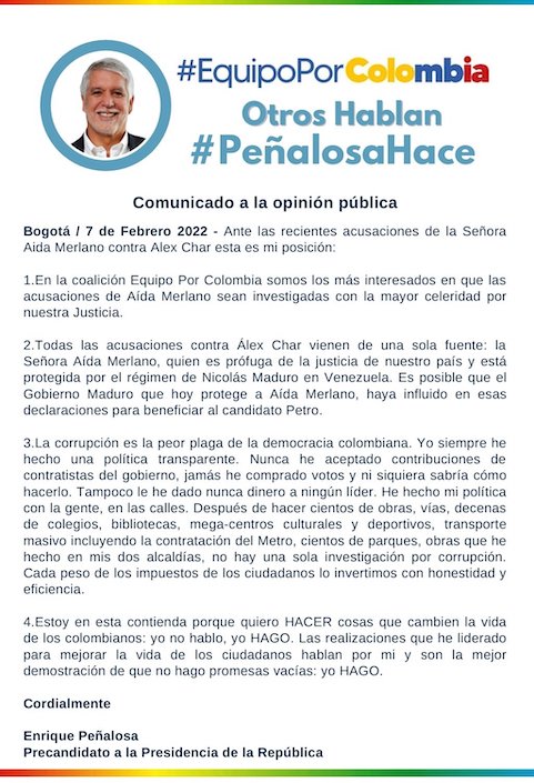 El comunicado de Enrique Peñalosa.