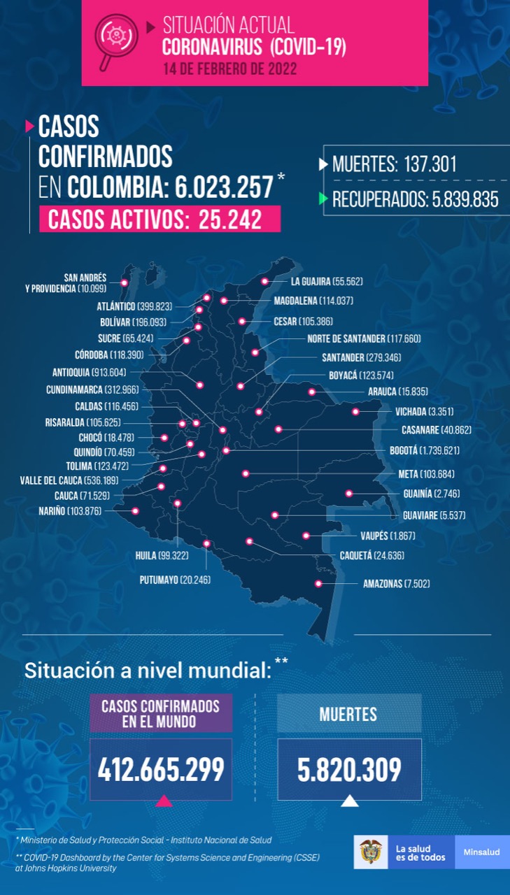 Mapa de casos acumulados de Covid-19 a 14 de febrero de 2022.