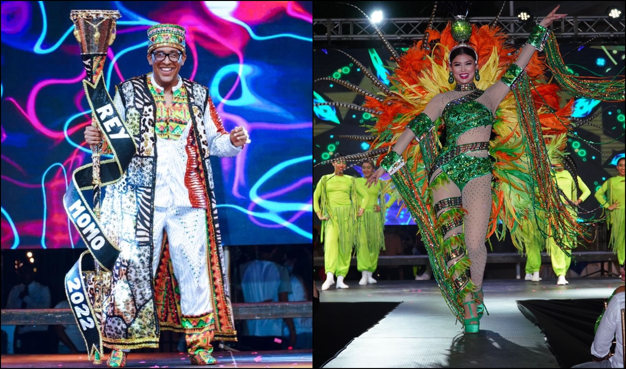 El rey Momo Kevin Torres y la Reina del Carnaval, Valeria Charris, con los vestidos que lucirán esta noche en La Guacherna.