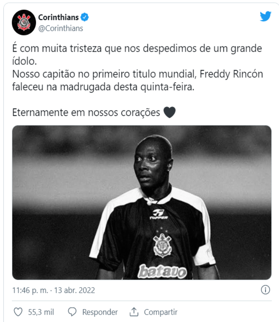 Este es el tuit publicado la noche del miércoles por el equipo brasileño Corinthians, en el que militó Freddy RIncón y fue ídolo.