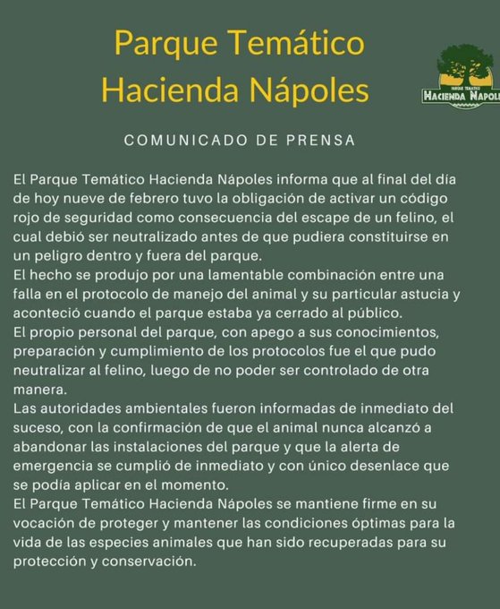 El comunicado del Parque Temático Hacienda Nápoles