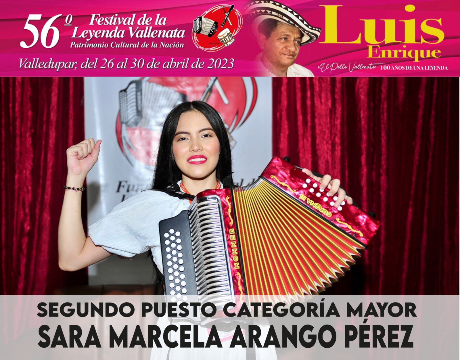 Sara Arango, segundo lugar en el concurso para Reina Vallenata categoría mayores.