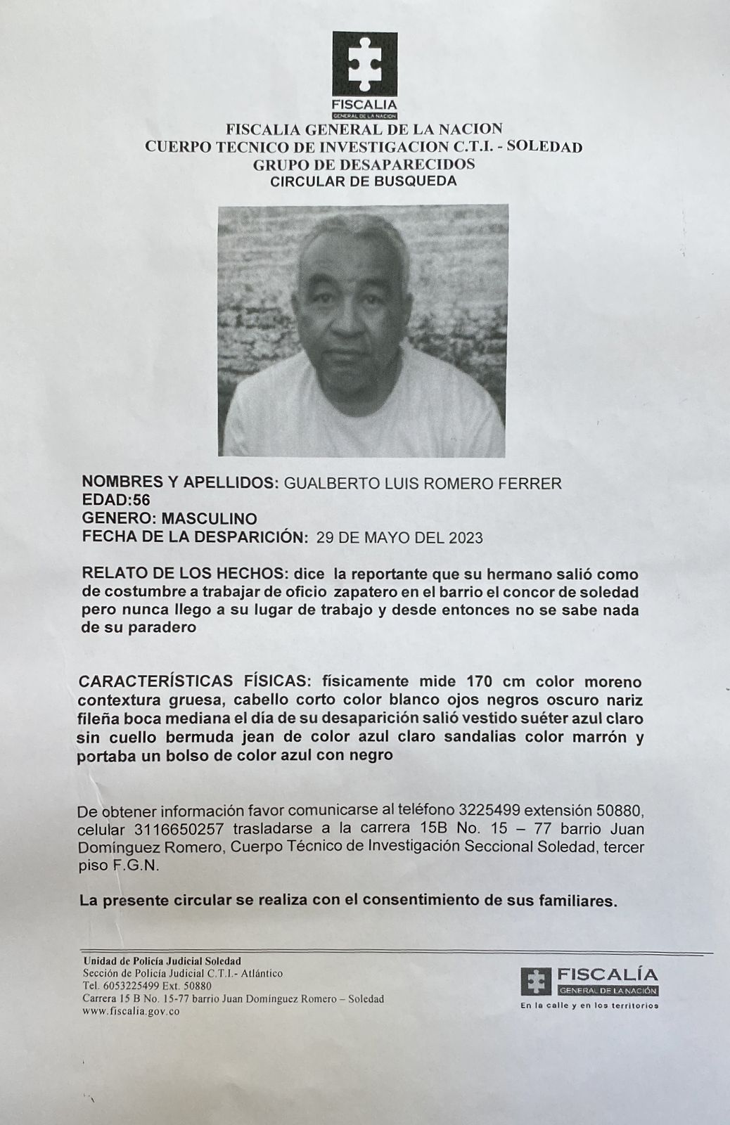Gualberto Romero Ferrer se encuentra desaparecido desde ayer