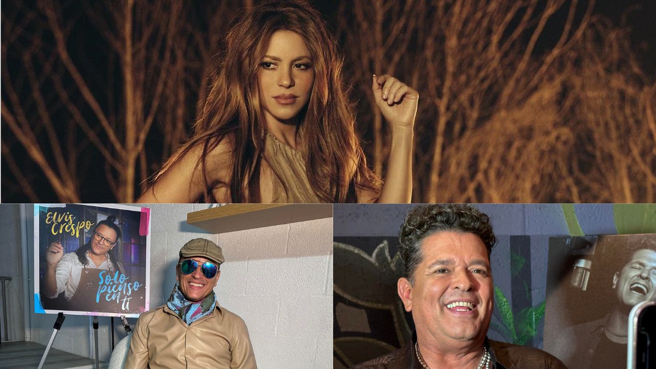 Los cantantes Shakira, Carlos Vives y Elvis Crespo