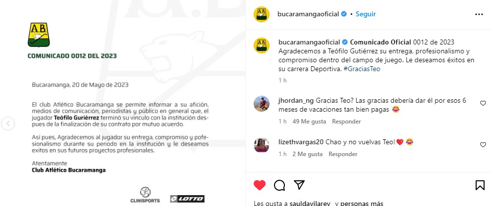 El comunicado del Atlético Bucaramanga sobre Teo Gutiérrez