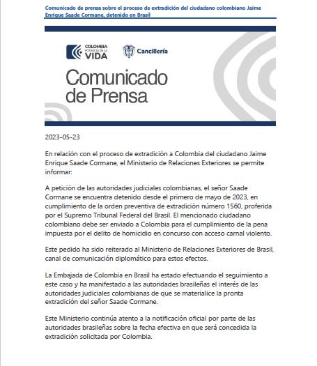 El comunicado de la Cancillería de Colombia sobre la extradición de Jaime Saade.