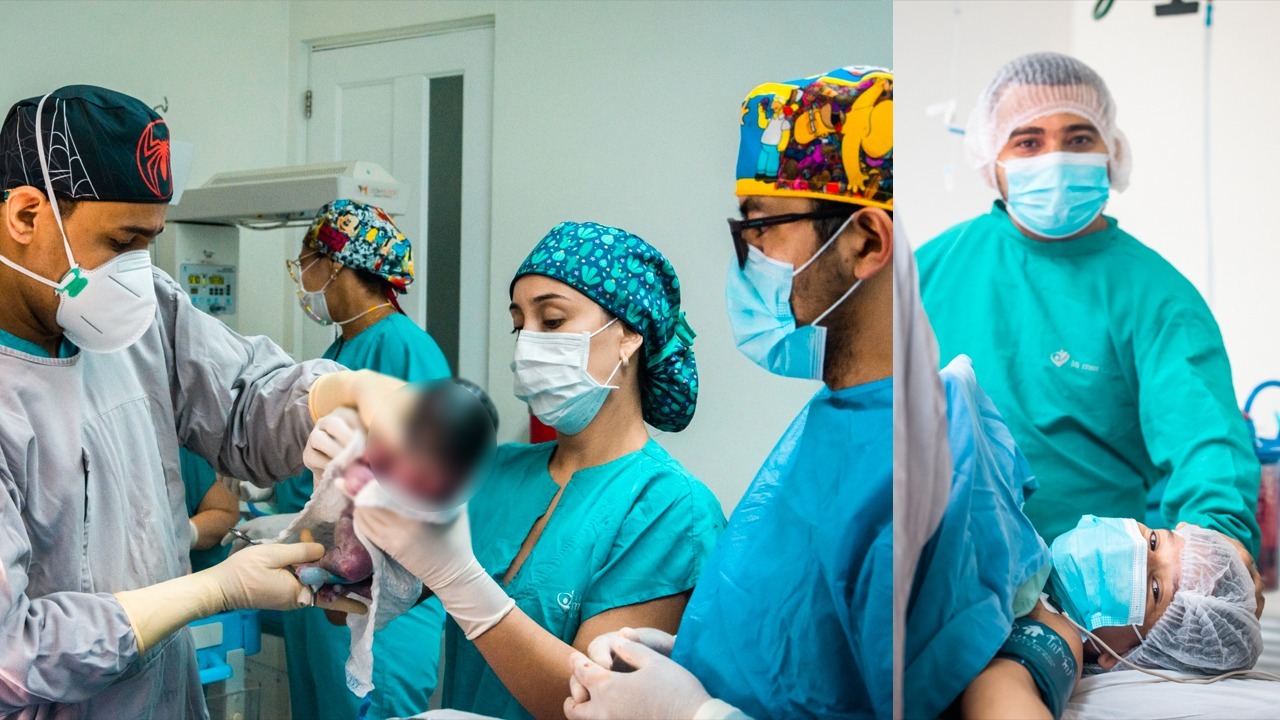 Médicos evalúan a uno de los trillizos. En la otra foto, Jonathan y Eyleen en la sala de cirugía