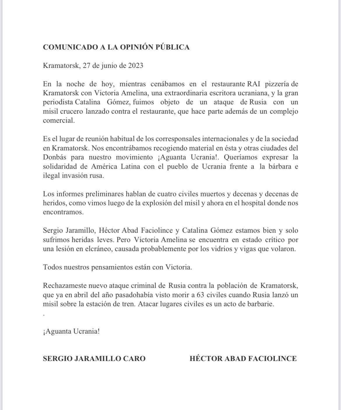 El comunicado emitido por Héctor Abad y Sergio Jaramillo.