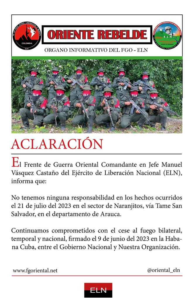 Comunicado del Frente de Guerra Oriental del ELN sobre atentado en Arauca