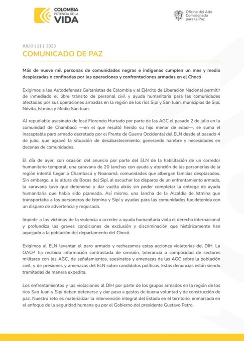 El comunicado del Alto Comisionado sobre la situación en Chocó
